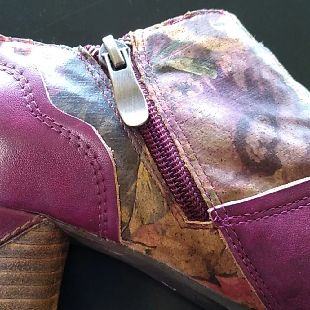 ELITE BY CORKY LEATHER ANKLE BOOTS SIZE 7 side zip plum floral color LIKE NEW - Picture 9 of 15